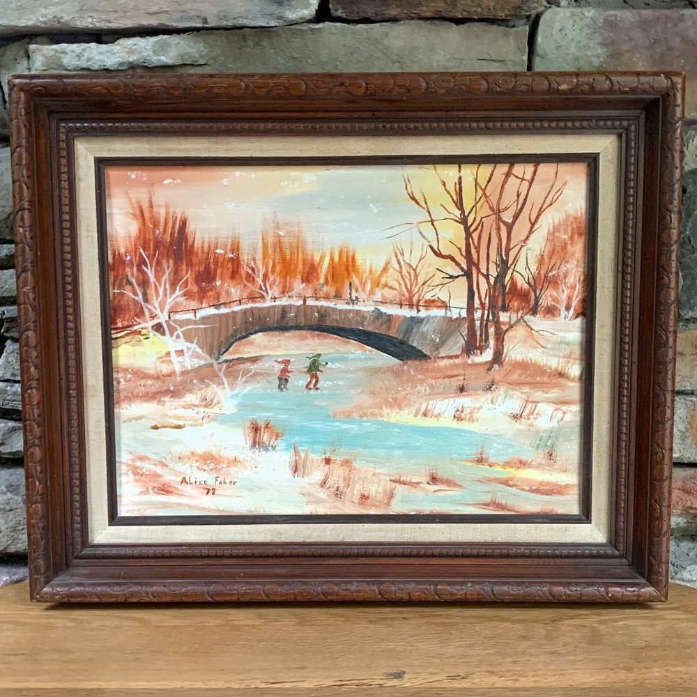 VTG Original Art Skaters Alice Faber Winter Trees Bridge 1978 Oil Painting